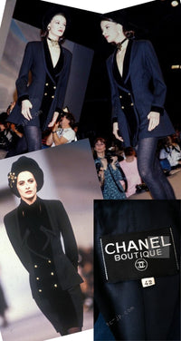 CHANEL 89A Vintage Dark Navy Black Gold Buttons Velvet Trim Jacket Skirt Suit 42 シャネル ヴィンテージ ダークネイビー ブラック ゴールドボタン ベルベット トリム ジャケット スカート スーツ 即発