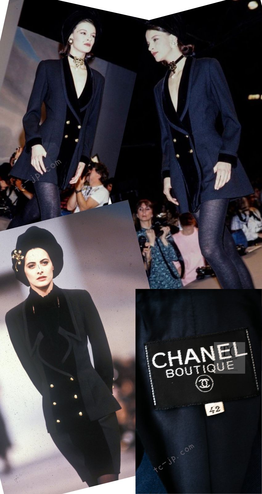 CHANEL 89A Vintage Dark Navy Black Gold Buttons Velvet Trim Jacket Skirt Suit 42 シャネル ヴィンテージ ダークネイビー ブラック ゴールドボタン ベルベット トリム ジャケット スカート スーツ 即発
