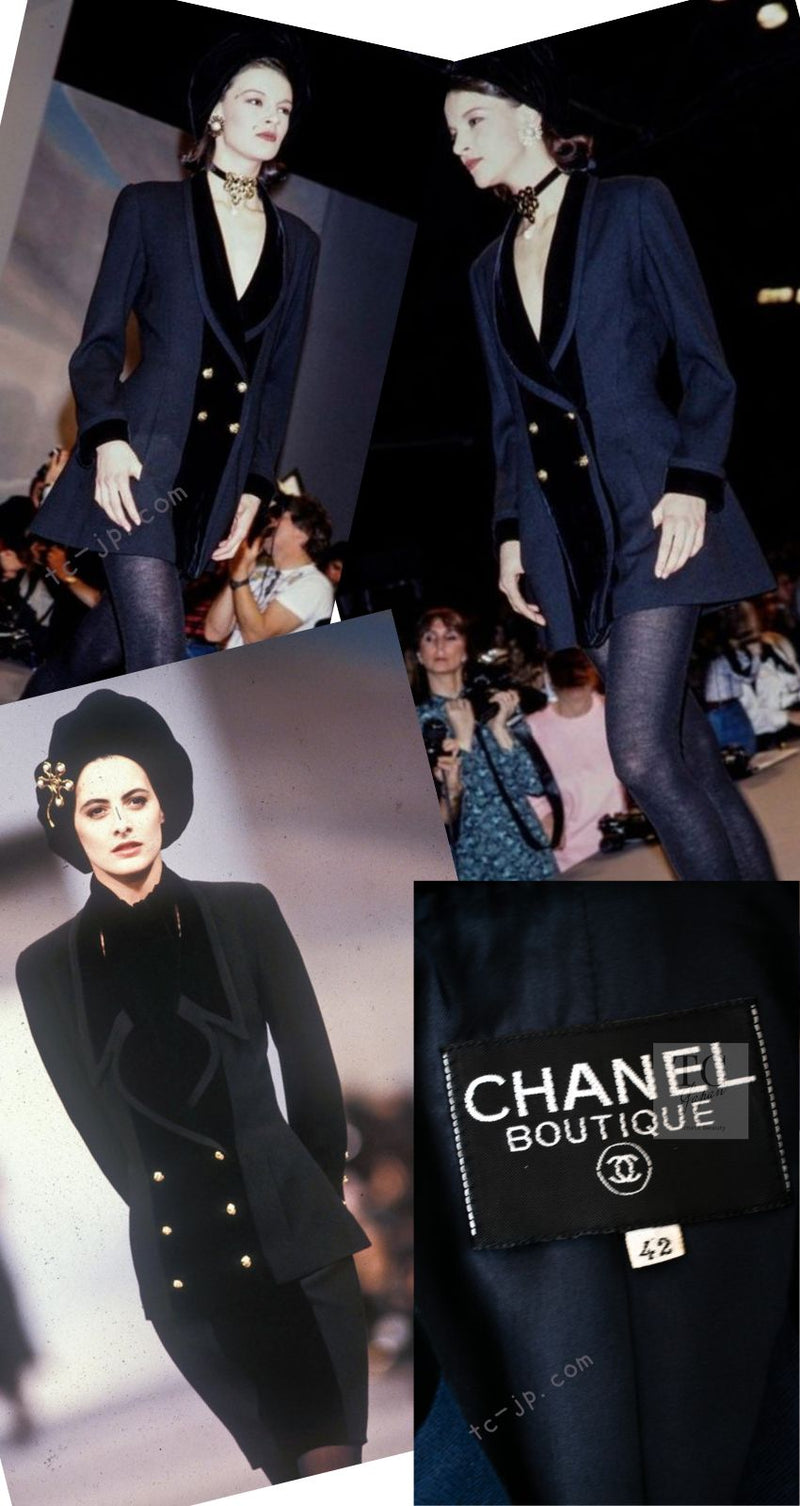 CHANEL 89A Vintage Dark Navy Black Gold Buttons Velvet Trim Jacket Skirt Suit 42 シャネル ヴィンテージ ダークネイビー ブラック ゴールドボタン ベルベット トリム ジャケット スカート スーツ 即発