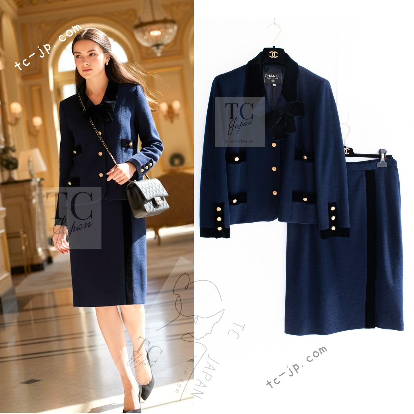 CHANEL 89A Vintage Dark Navy Black Gold Buttons Velvet Trim Jacket Skirt Suit 42 シャネル ヴィンテージ ダークネイビー ブラック ゴールドボタン ベルベット トリム ジャケット スカート スーツ 即発