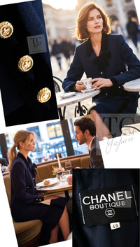 CHANEL 89A Vintage Dark Navy Black Gold Buttons Velvet Trim Jacket Skirt Suit 42 シャネル ヴィンテージ ダークネイビー ブラック ゴールドボタン ベルベット トリム ジャケット スカート スーツ 即発