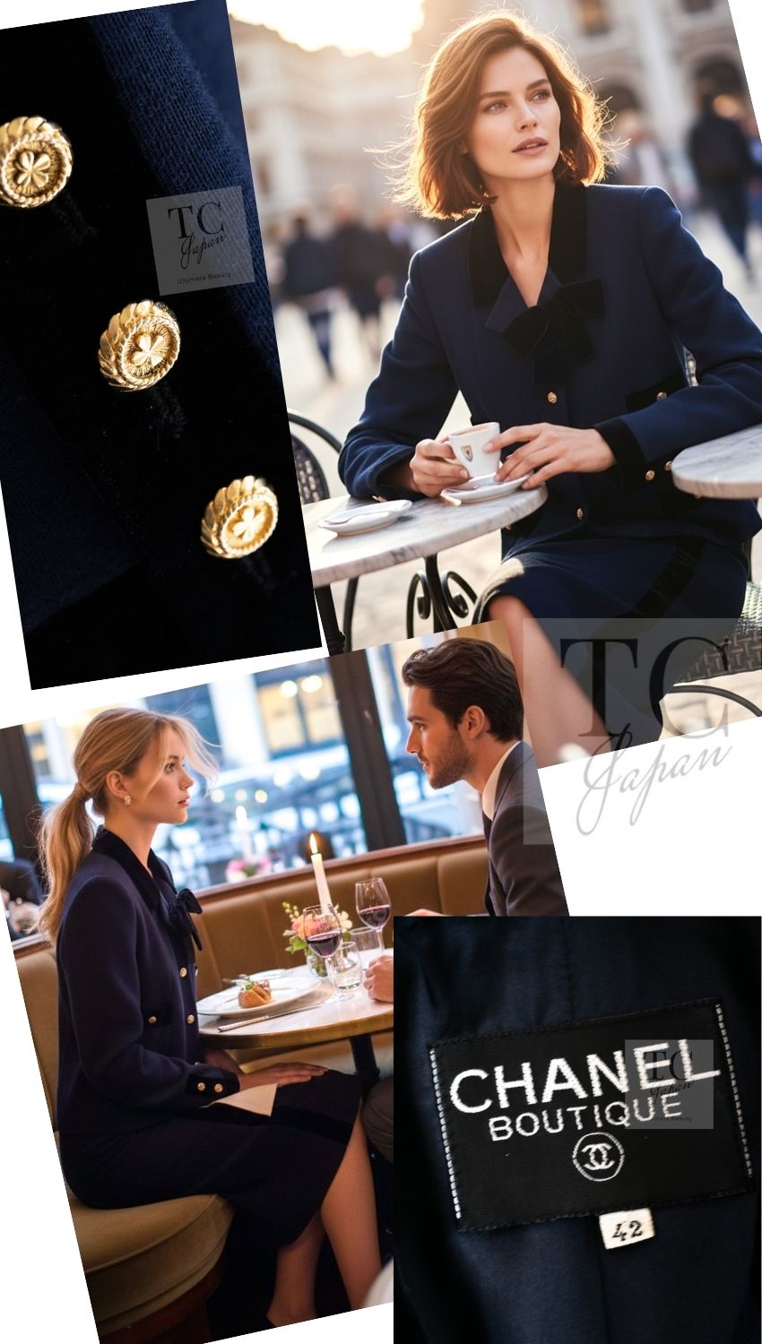 CHANEL 89A Vintage Dark Navy Black Gold Buttons Velvet Trim Jacket Skirt Suit 42 シャネル ヴィンテージ ダークネイビー ブラック ゴールドボタン ベルベット トリム ジャケット スカート スーツ 即発