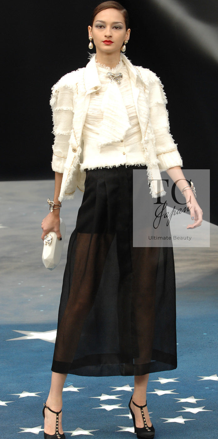 CHANEL 08S Ivory Creme Cotton Silk Chiffon Chain Trim Jacket 42 シャネル アイボリー クリーム コットン シルク シフォン チェーン トリム ジャケット 即発 - TC JAPAN