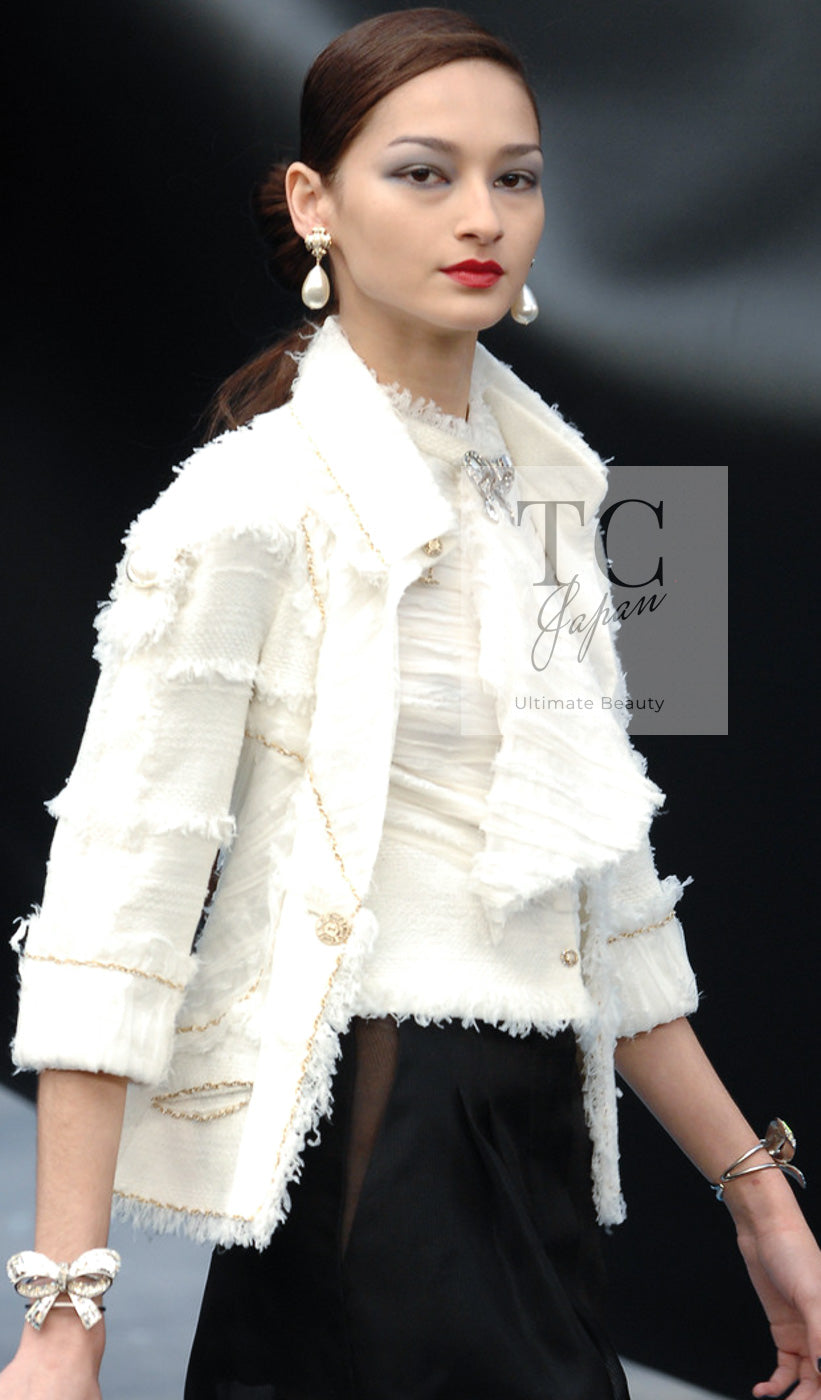 CHANEL 08S Ivory Creme Cotton Silk Chiffon Chain Trim Jacket 42 シャネル アイボリー クリーム コットン シルク シフォン チェーン トリム ジャケット 即発 - TC JAPAN