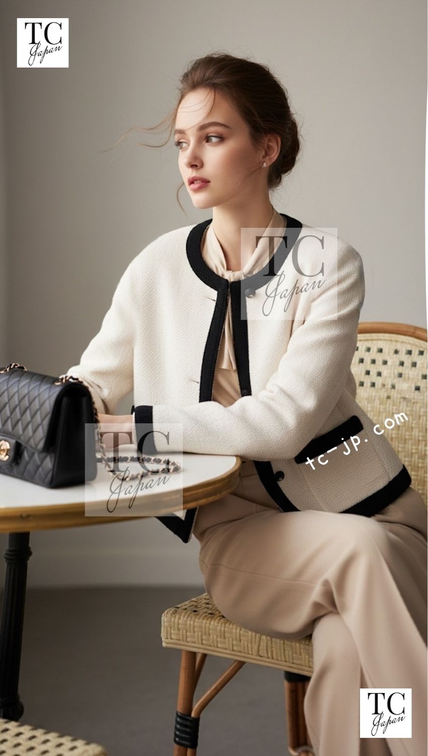 CHANEL 90S Vintage Dark Navy Black Braid Trim CC Ball Buttons Wool Tweed Jacket 36 シャネル ヴィンテージ ダーク ネイビー ブラック ブレードトリム CCロゴ 手毬ボタン ウール ツイード ジャケット 即発 - TC JAPAN