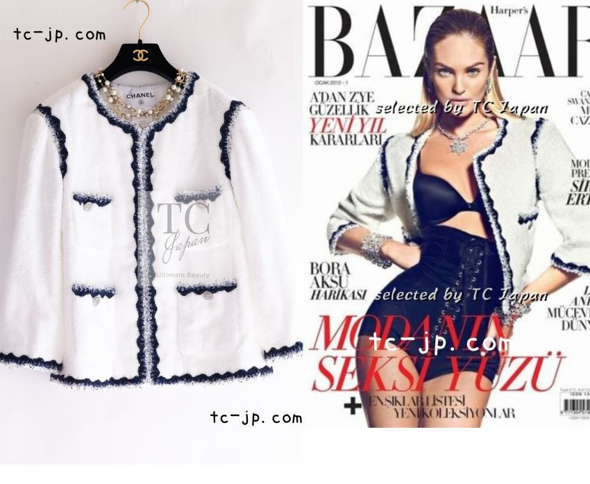 シャネル 柔らかホワイト ブルー ブラック トリミング テリー コットン ジャケット CHANEL 12C White Blue Black Line  Trim Cut Pile Cotton Jacket – TC JAPAN