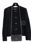 CHANEL Vintage Creations Little Black Jacket Lion Buttons Collarless 36 38 シャネル ヴィンテージ リトル ブラック ジャケット ライオン ボタン ベロア ベルベット ノーカラー 即発
