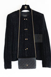 CHANEL Vintage Creations Little Black Jacket Lion Buttons Collarless 36 38 シャネル ヴィンテージ リトル ブラック ジャケット ライオン ボタン ベロア ベルベット ノーカラー 即発