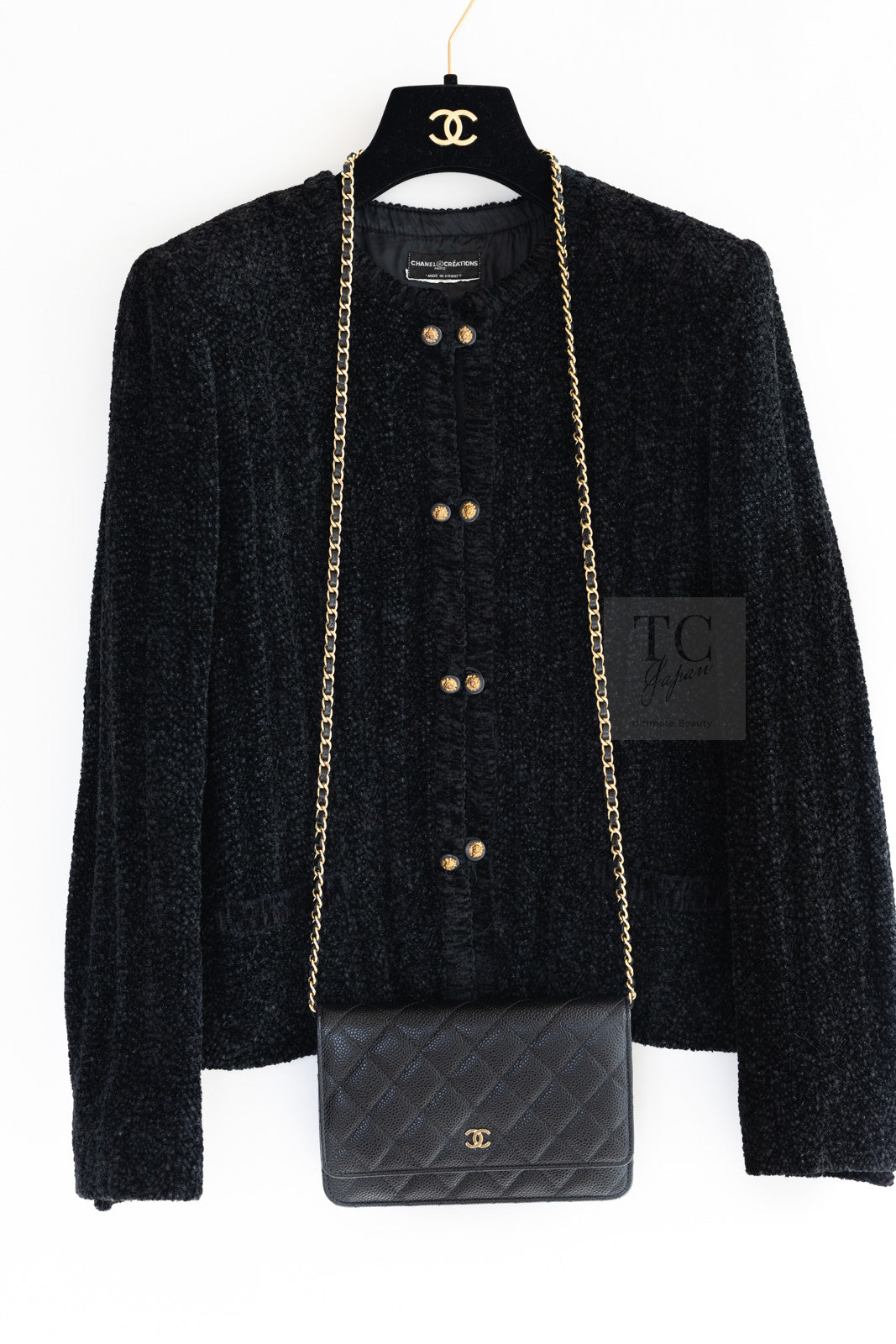 CHANEL Vintage Creations Little Black Jacket Lion Buttons Collarless 36 38 シャネル ヴィンテージ リトル ブラック ジャケット ライオン ボタン ベロア ベルベット ノーカラー 即発
