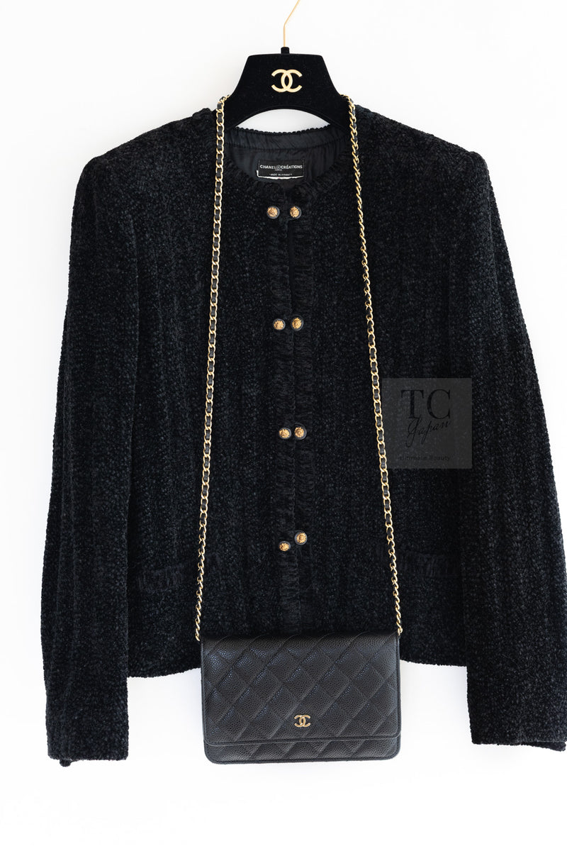 CHANEL Vintage Creations Little Black Jacket Lion Buttons Collarless 36 38 シャネル ヴィンテージ リトル ブラック ジャケット ライオン ボタン ベロア ベルベット ノーカラー 即発
