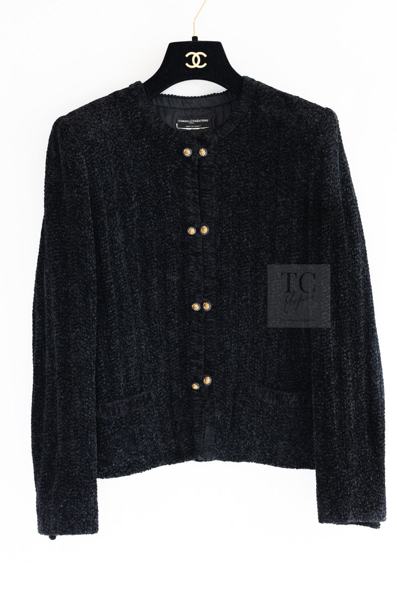 CHANEL Vintage Creations Little Black Jacket Lion Buttons Collarless 36 38 シャネル ヴィンテージ リトル ブラック ジャケット ライオン ボタン ベロア ベルベット ノーカラー 即発