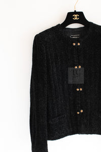 CHANEL Vintage Creations Little Black Jacket Lion Buttons Collarless 36 38 シャネル ヴィンテージ リトル ブラック ジャケット ライオン ボタン ベロア ベルベット ノーカラー 即発