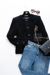 CHANEL Vintage Creations Little Black Jacket Lion Buttons Collarless 36 38 シャネル ヴィンテージ リトル ブラック ジャケット ライオン ボタン ベロア ベルベット ノーカラー 即発