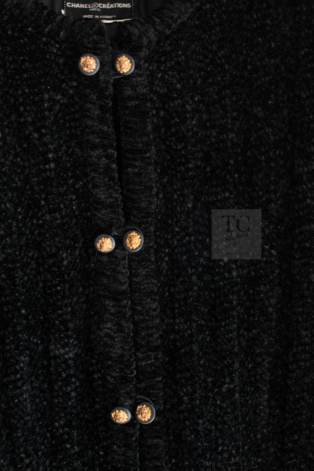 CHANEL Vintage Creations Little Black Jacket Lion Buttons Collarless 36 38 シャネル ヴィンテージ リトル ブラック ジャケット ライオン ボタン ベロア ベルベット ノーカラー 即発