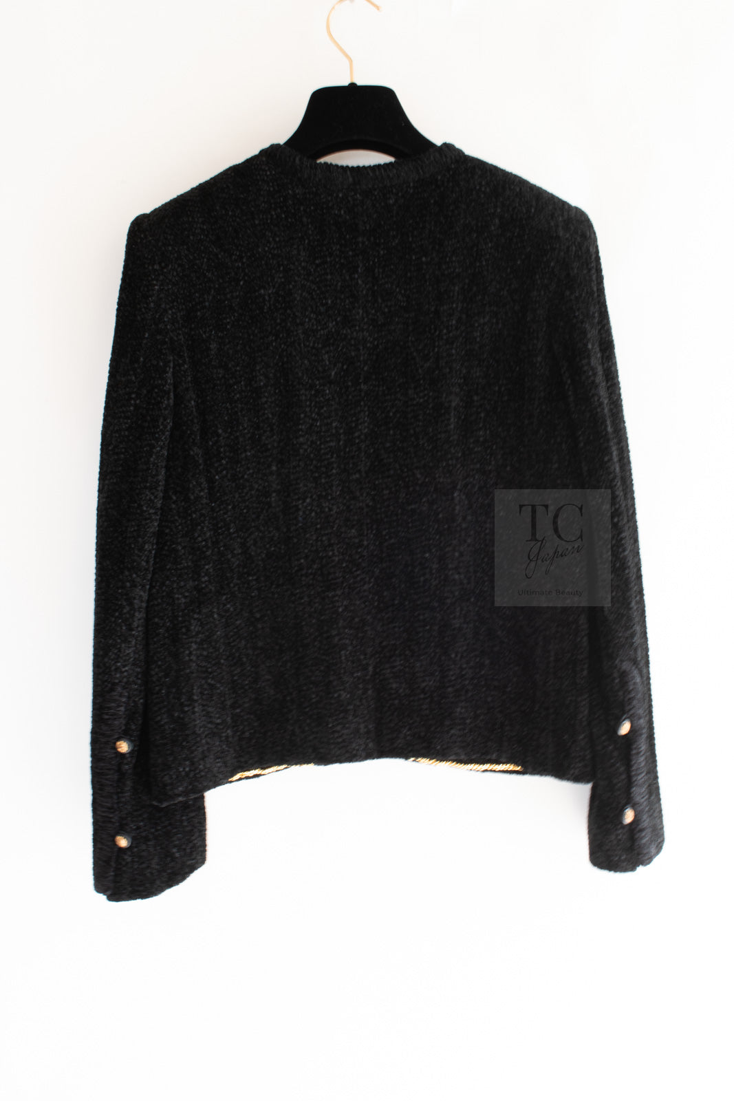 CHANEL Vintage Creations Little Black Jacket Lion Buttons Collarless 36 38 シャネル ヴィンテージ リトル ブラック ジャケット ライオン ボタン ベロア ベルベット ノーカラー 即発