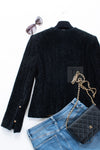 CHANEL Vintage Creations Little Black Jacket Lion Buttons Collarless 36 38 シャネル ヴィンテージ リトル ブラック ジャケット ライオン ボタン ベロア ベルベット ノーカラー 即発