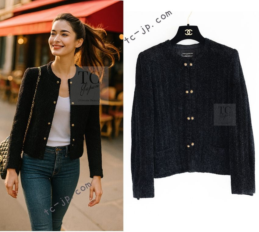 CHANEL Vintage Creations Little Black Jacket Lion Buttons Collarless 36 38 シャネル ヴィンテージ リトル ブラック ジャケット ライオン ボタン ベロア ベルベット ノーカラー 即発