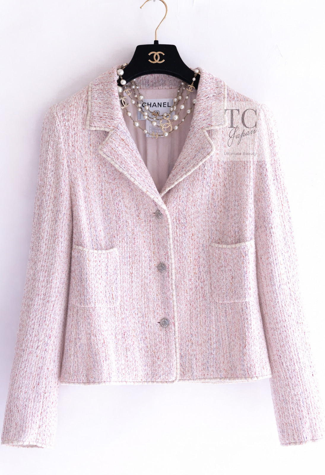 CHANEL 05C Pink Ivory Silk Cotton Tweed Jacket 40 シャネル ピンク アイボリー シルク コットン ツイード ジャケット 即発