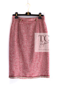 CHANEL 10C Red Metallic Gold Trim Tweed Jacket Skirt Suit 40 42 シャネル レッド メタリック ゴールド トリム フリンジ ツイード ジャケット スカート スーツ 即発