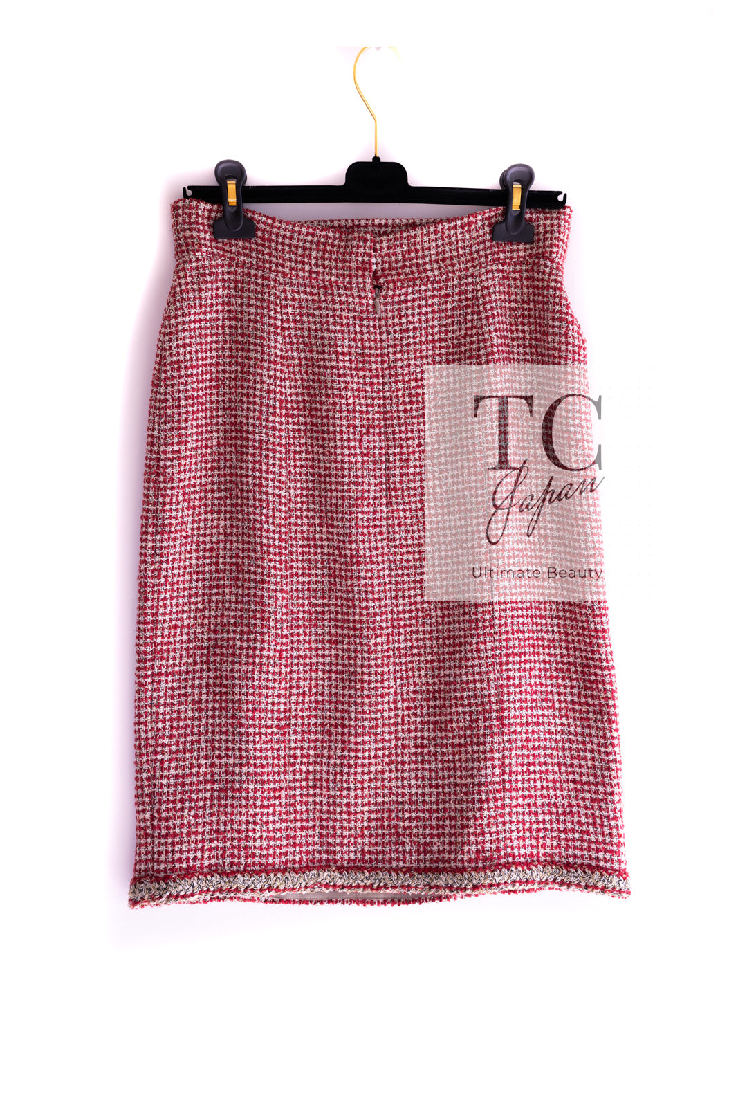 CHANEL 10C Red Metallic Gold Trim Tweed Jacket Skirt Suit 40 42 シャネル レッド メタリック ゴールド トリム フリンジ ツイード ジャケット スカート スーツ