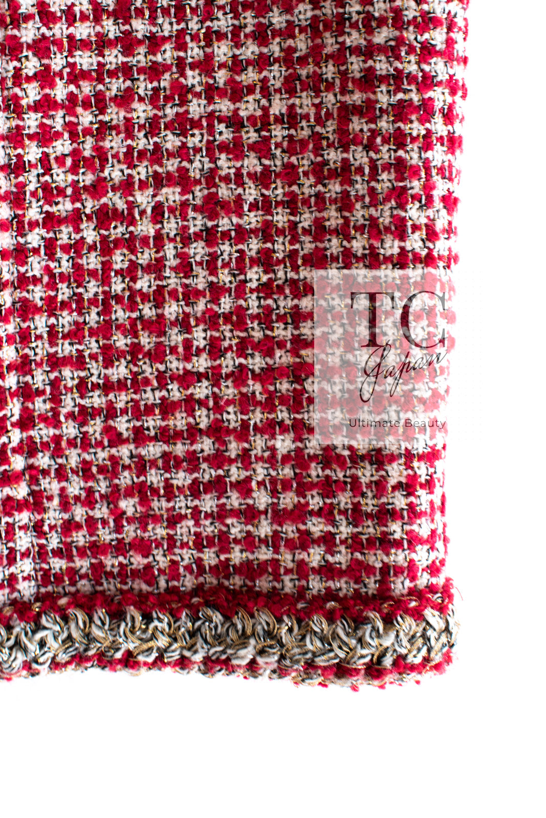 CHANEL 10C Red Metallic Gold Trim Tweed Jacket Skirt Suit 40 42 シャネル レッド メタリック ゴールド トリム フリンジ ツイード ジャケット スカート スーツ