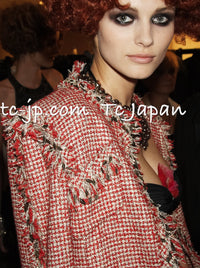 CHANEL 10C Red Metallic Gold Leaf Trim Fringe Wool Tweed Jacket 38 シャネル レッド メタリック ゴールド 木の葉 トリム フリンジ ウール ノーカラー ツイード ジャケット