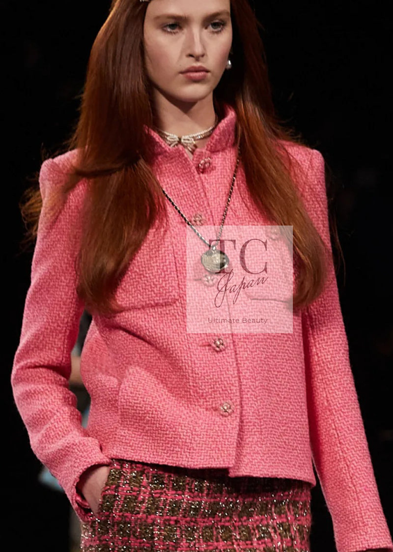 CHANEL 22A Pink Wool 100% Tweed Stand Mandarine Collar Jacket 34 36 シャネル ピンク ウール 100% ツイード マンダリン スタンド カラー ジャケット 即発