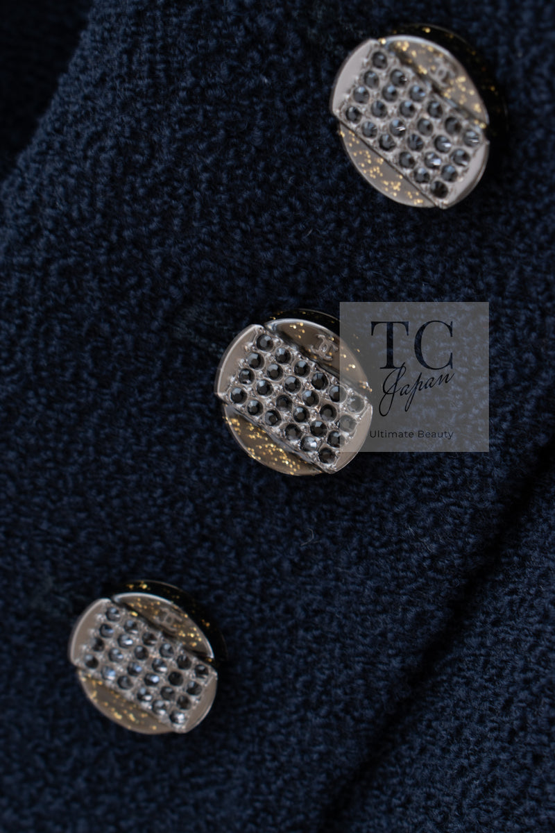 CHANEL 12C Navy Rhinestone CC Buttons Wool Tweed Jacket 38 シャネル ネイビー ラインストーン CC ボタン ウール ツイード ジャケット 即発