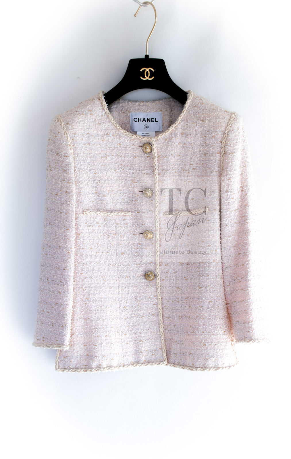 CHANEL 10S Pale Beige Pink Ivory Cotton Tweed Jacket 38 シャネル ペール ベージュ ピンク アイボリー コットン ツイード ジャケット 即発