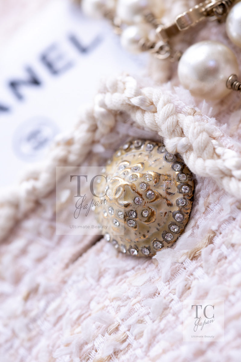 CHANEL 10S Pale Beige Pink Ivory Cotton Tweed Jacket 38 シャネル ペール ベージュ ピンク アイボリー コットン ツイード ジャケット 即発