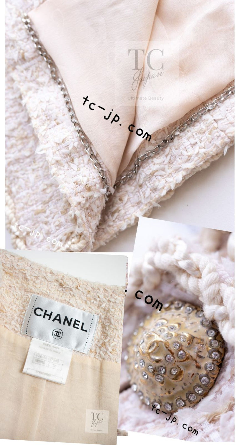 CHANEL 10S Pale Beige Pink Ivory Cotton Tweed Jacket 38 シャネル ペール ベージュ ピンク アイボリー コットン ツイード ジャケット 即発