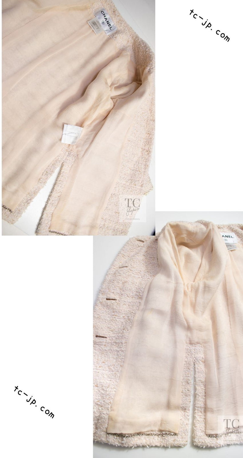 CHANEL 10S Pale Beige Pink Ivory Cotton Tweed Jacket 38 シャネル ペール ベージュ ピンク アイボリー コットン ツイード ジャケット 即発