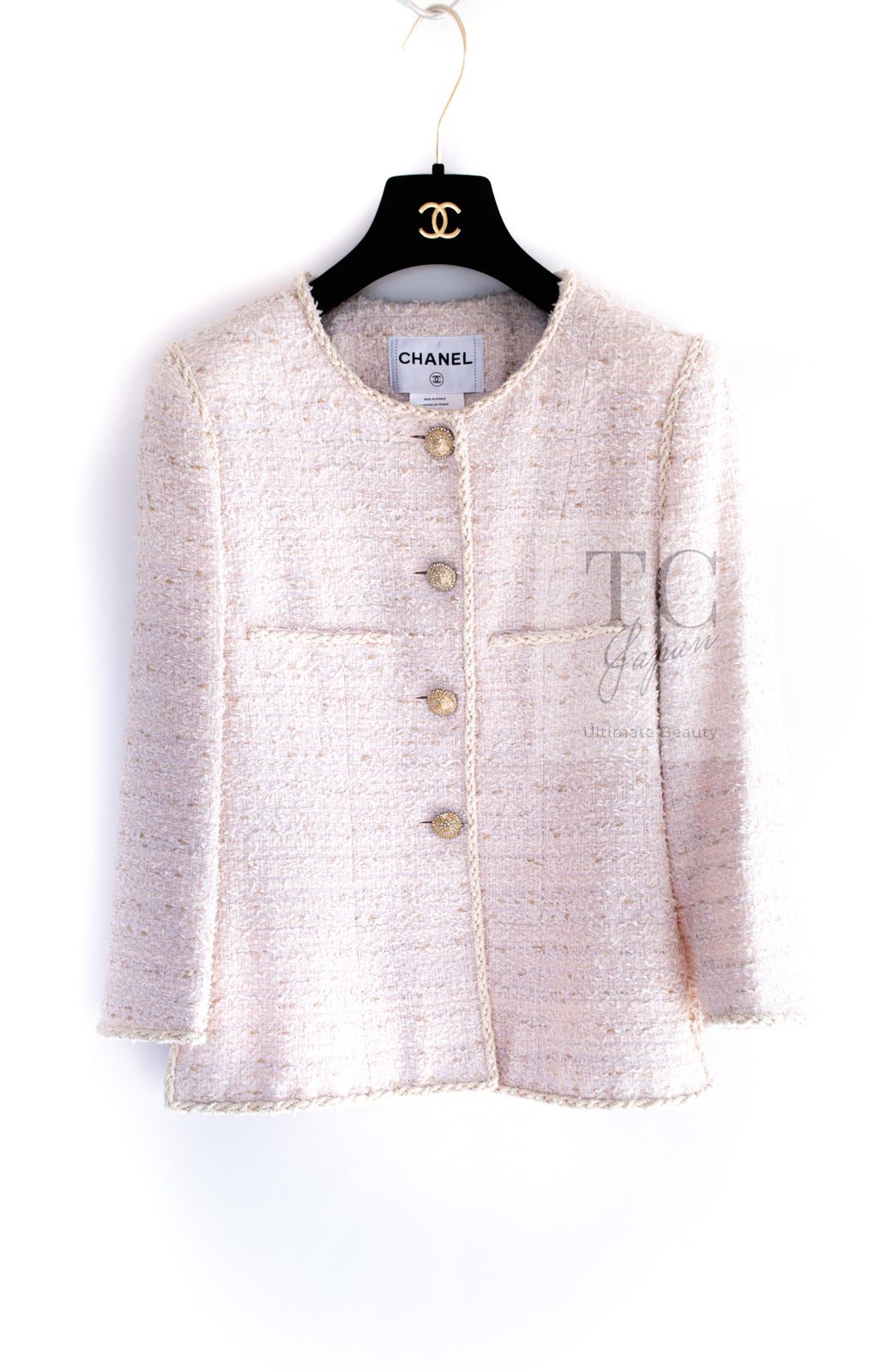 CHANEL 10S Pale Beige Pink Ivory Cotton Tweed Jacket 36 シャネル ペール ベージュ ピンク アイボリー コットン ツイード ジャケット 即発