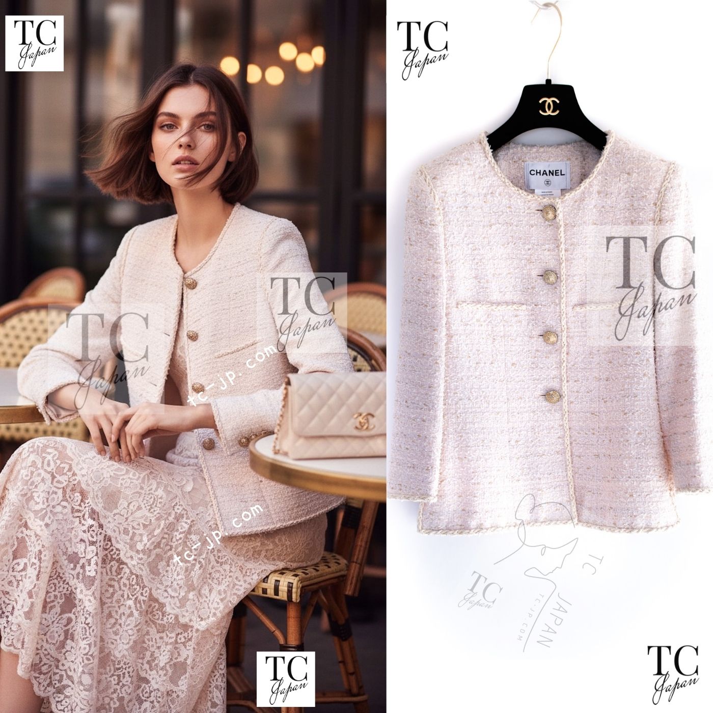 CHANEL 10S Pale Beige Pink Ivory Cotton Tweed Jacket 34 36 シャネル ペール ベージュ ピンク アイボリー コットン ツイード ジャケット 即発