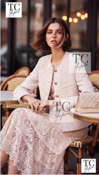 CHANEL 10S Pale Beige Pink Ivory Cotton Tweed Jacket 34 36 シャネル ペール ベージュ ピンク アイボリー コットン ツイード ジャケット 即発