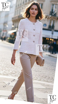 CHANEL 10S Pale Beige Pink Ivory Cotton Tweed Jacket 34 36 シャネル ペール ベージュ ピンク アイボリー コットン ツイード ジャケット 即発