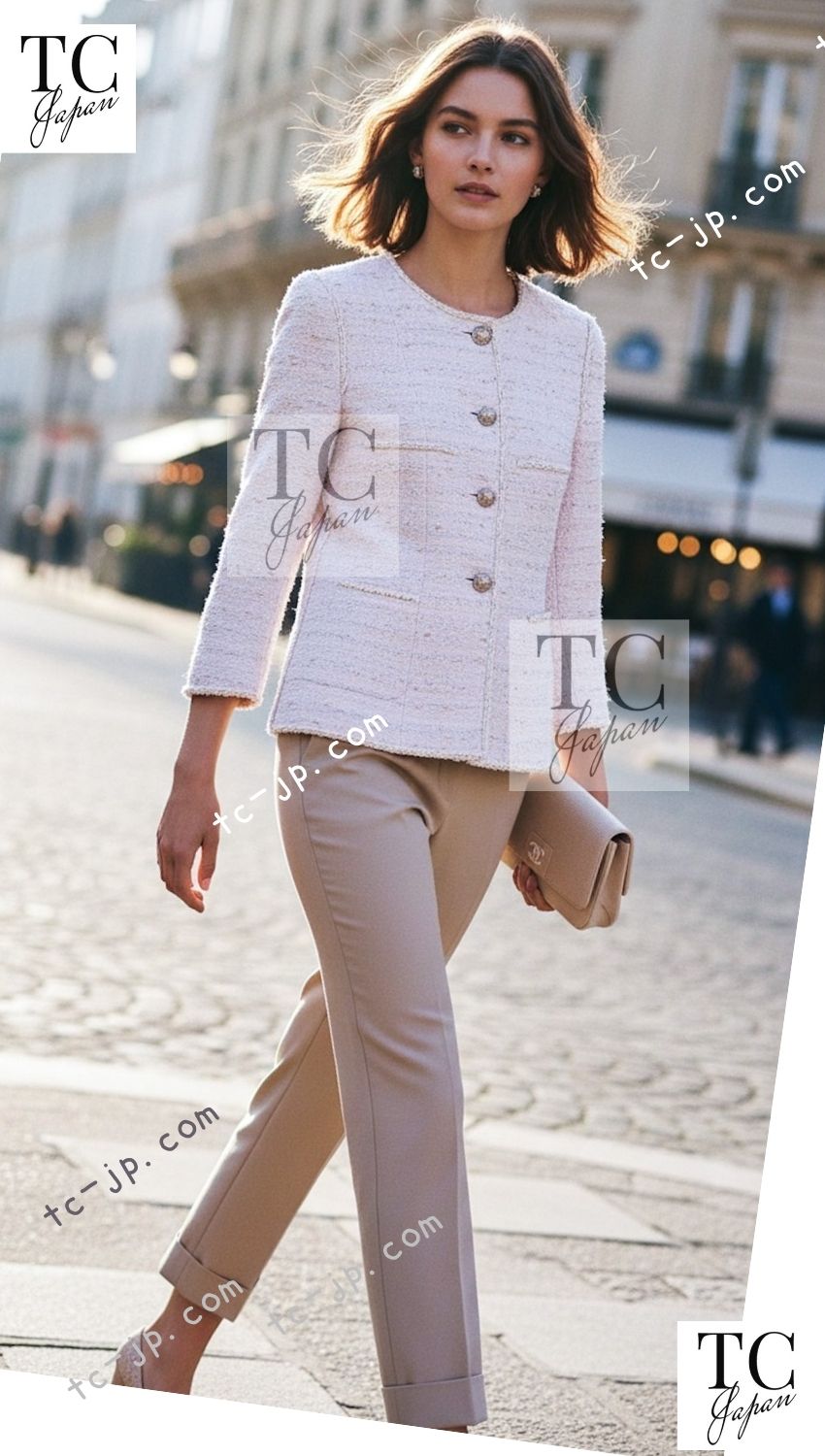 CHANEL 10S Pale Beige Pink Ivory Cotton Tweed Jacket 34 36 シャネル ペール ベージュ ピンク アイボリー コットン ツイード ジャケット 即発