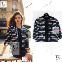 CHANEL 22C Black Sequin Glitter Stretch Jersey Jacket 38 40 42 シャネル ブラック スパンコール グリッター ストレッチ ジャージー ノーカラー ジャケット 即発