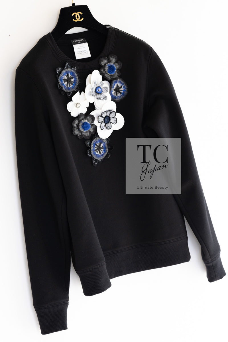 CHANEL 15B Black Camellia Cotton Wool Tops Sweatshirt 38 シャネル ブラック カメリア装飾 コットン ウール トレーナー  トップス 即発