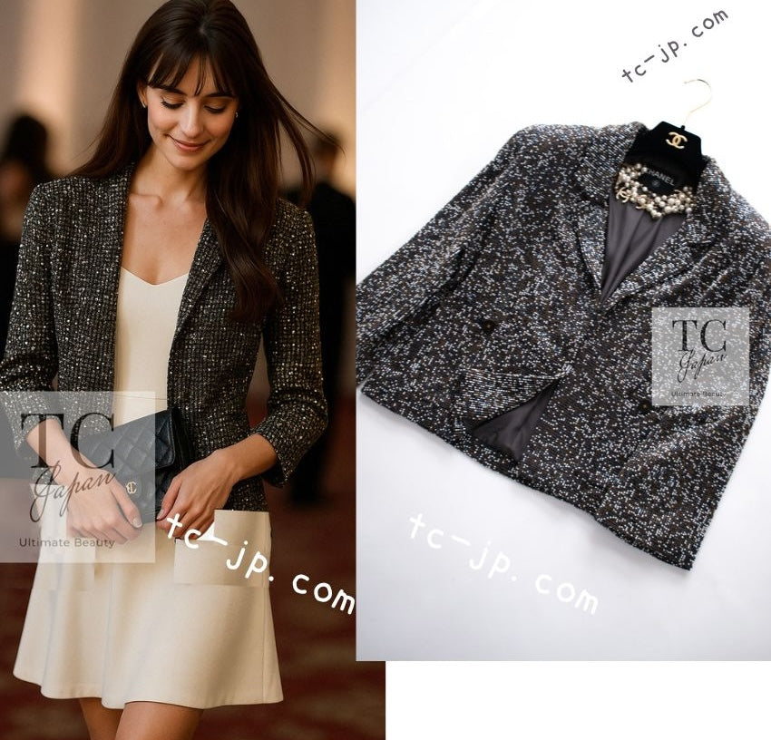 CHANEL 99S Brown Olive Navy Cotton Beaded Evening Party Jacket 40 42 シャネル ブラウン オリーブ ネイビー ビーズ イブニング パーティー ジャケット 即発 - TC JAPAN