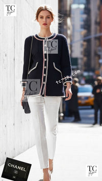 CHANEL Jacket Coat 18PA Ivory Navy Red Tricolor Braid Trim Wool Tweed 36 38 | UK