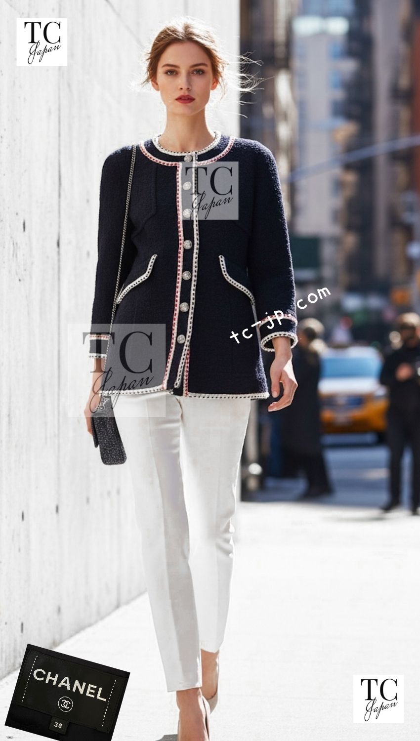 CHANEL Jacket Coat 18PA Ivory Navy Red Tricolor Braid Trim Wool Tweed 36 38 | UK