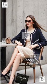 CHANEL Jacket Coat 18PA Ivory Navy Red Tricolor Braid Trim Wool Tweed 36 38 | UK