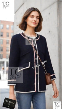 CHANEL Jacket Coat 18PA Ivory Navy Red Tricolor Braid Trim Wool Tweed 36 38 | UK