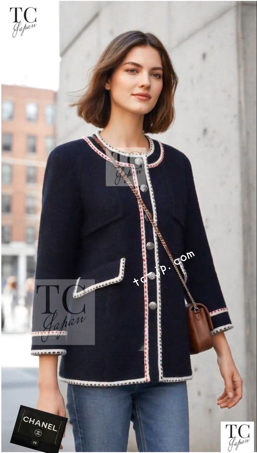 CHANEL Jacket Coat 18PA Ivory Navy Red Tricolor Braid Trim Wool Tweed 36 38 | UK