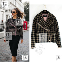 CHANEL 21S Black Beige Silk Cotton Tweed Jacket Silver Chain Trim No.5 Button 38 42 44 シャネル ブラック ベージュ シルク コットン ツイード ジャケット シルバー チェーン トリム No.5 ボタン 即発