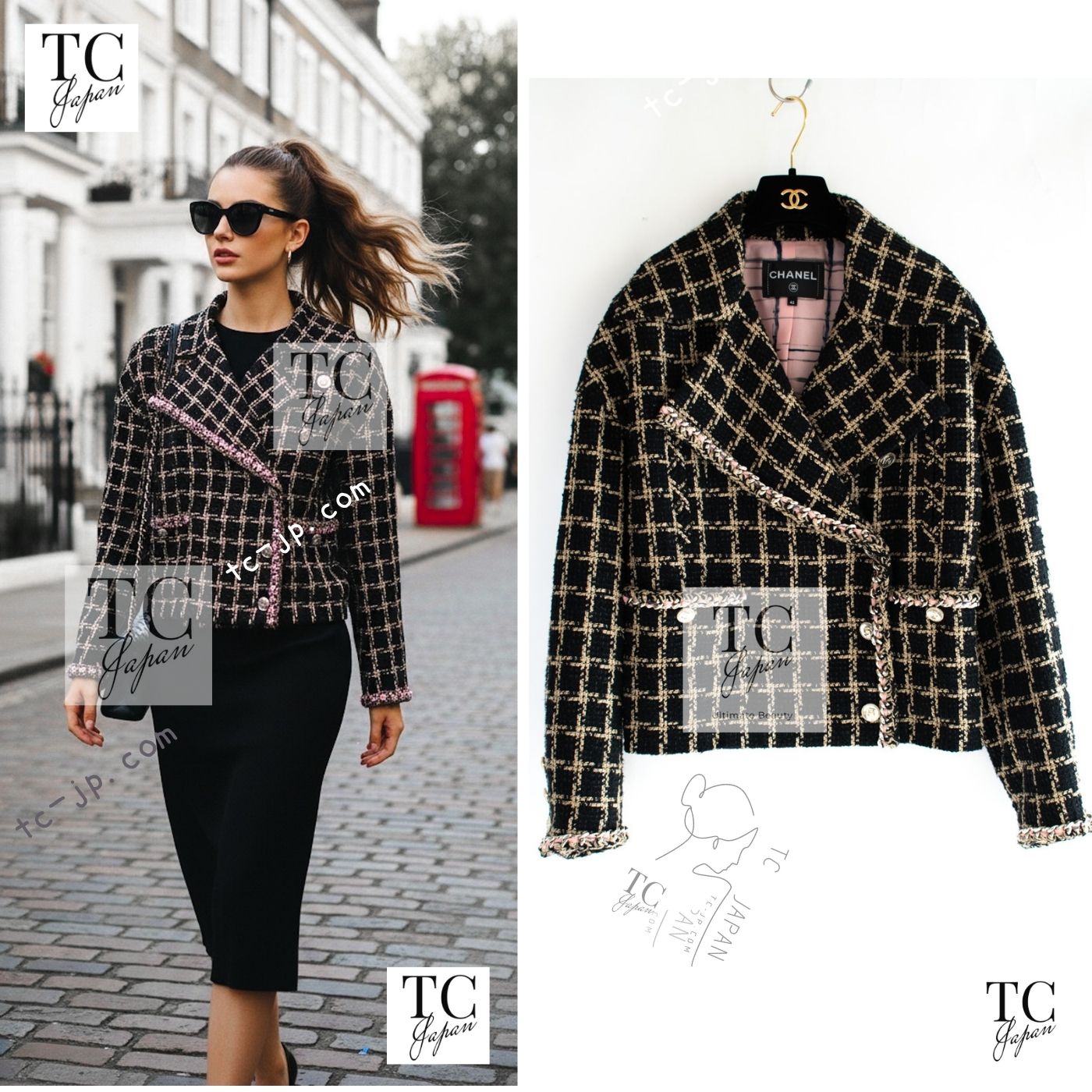 CHANEL 21S Black Beige Silk Cotton Tweed Jacket Silver Chain Trim No.5 Button 38 42 44 シャネル ブラック ベージュ シルク コットン ツイード ジャケット シルバー チェーン トリム No.5 ボタン 即発