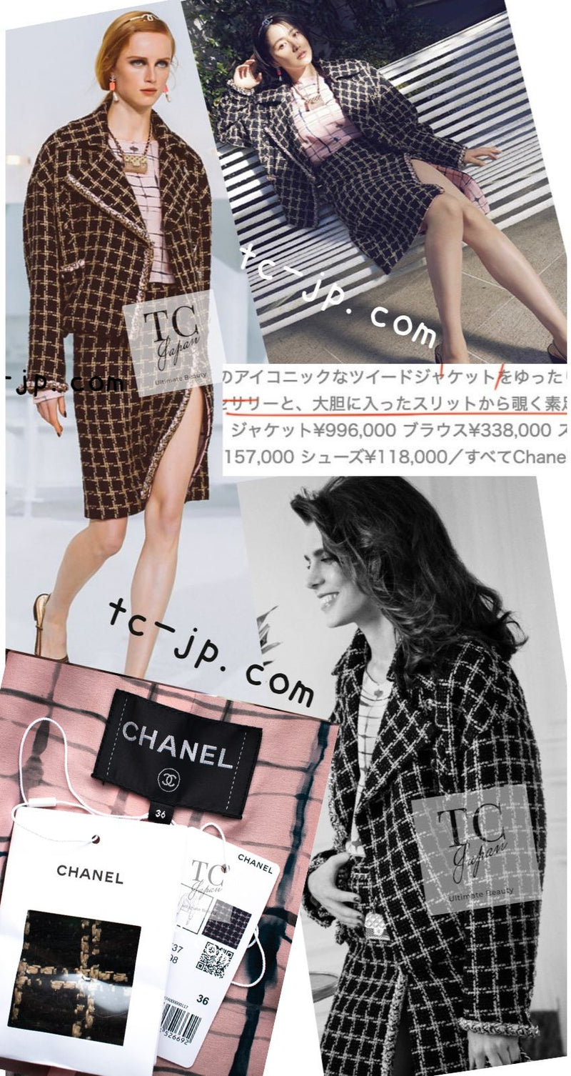 CHANEL 21S Black Beige Silk Cotton Tweed Jacket Silver Chain Trim No.5 Button 38 シャネル ブラック ベージュ シルク コットン ツイード ジャケット シルバー チェーン トリム No.5 ボタン 即発