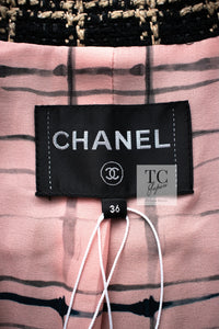 CHANEL 21S Black Beige Silk Cotton Tweed Jacket Silver Chain Trim No.5 Button 38 シャネル ブラック ベージュ シルク コットン ツイード ジャケット シルバー チェーン トリム No.5 ボタン 即発