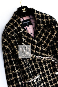 CHANEL 21S Black Beige Silk Cotton Tweed Jacket Silver Chain Trim No.5 Button 38 シャネル ブラック ベージュ シルク コットン ツイード ジャケット シルバー チェーン トリム No.5 ボタン 即発